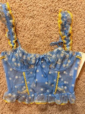 Urban Outfitters Blue Mesh Daisy Bustier with Yellow Trim